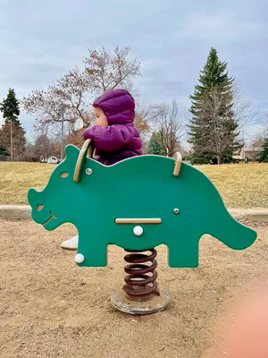 A toddler in a purple coat rides a triceratops spring rocker at the playground