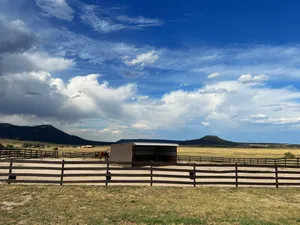 Horse paddock under a blue, cloudy sky