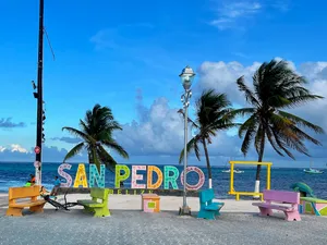 Colorful San Pedro block letters in front of palm trees and ocean