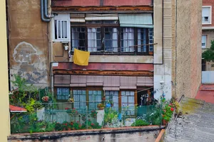 Rear of a building with a patio full of plants and a yellow sheet on a clothesline