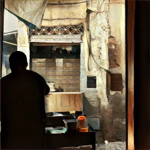 Silhouette at a food stall in the souk styled as a painting