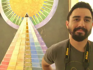 Andrew in front of Altarpiece No 1 by Hilma af Klint